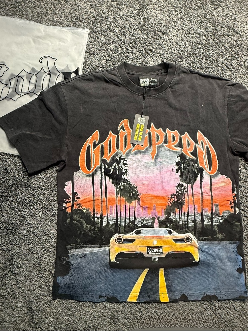 Godspeed Sunset Sports Car Graphic Tee - Black with Orange & Pink